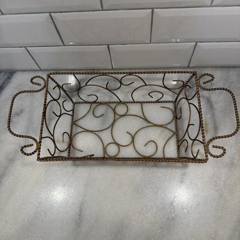 Metal Twisted Wire Basket Gold Tone Brass Look Handles Centerpiece Table Decor